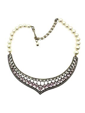 Heidi Daus Necklace Clear Crystal Pearl Bronze Statement